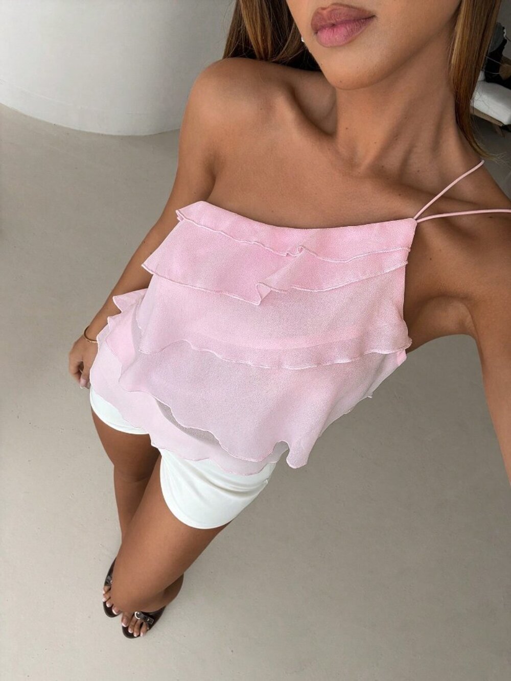 Pink Casual Women's One-Shoulder Backless Ruffle Blouse